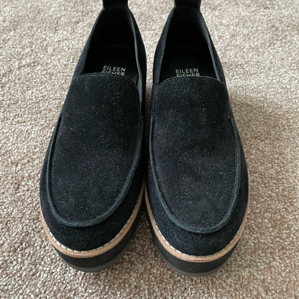 Eileen Fisher black suede platform slip-on LOAFERS shoes